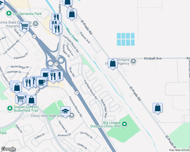 map of restaurants, bars, coffee shops, grocery stores, and more near 5590 Tremaine Way in Chino Hills