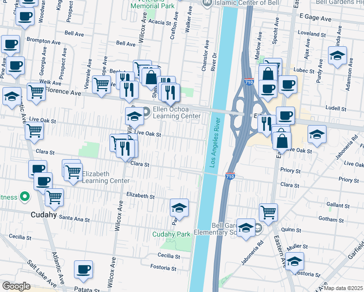 map of restaurants, bars, coffee shops, grocery stores, and more near 5244 Live Oak Street in Cudahy