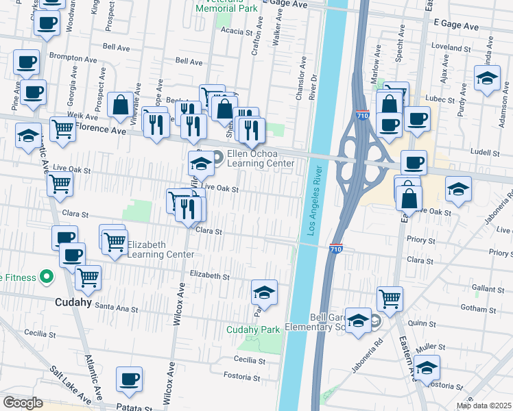 map of restaurants, bars, coffee shops, grocery stores, and more near 5162 Live Oak Street in Cudahy
