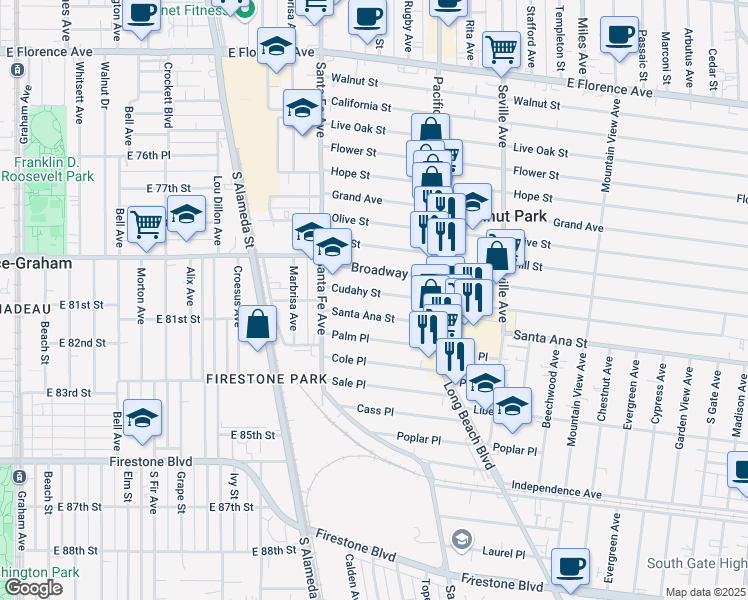 map of restaurants, bars, coffee shops, grocery stores, and more near 2450 Cudahy Street in Huntington Park