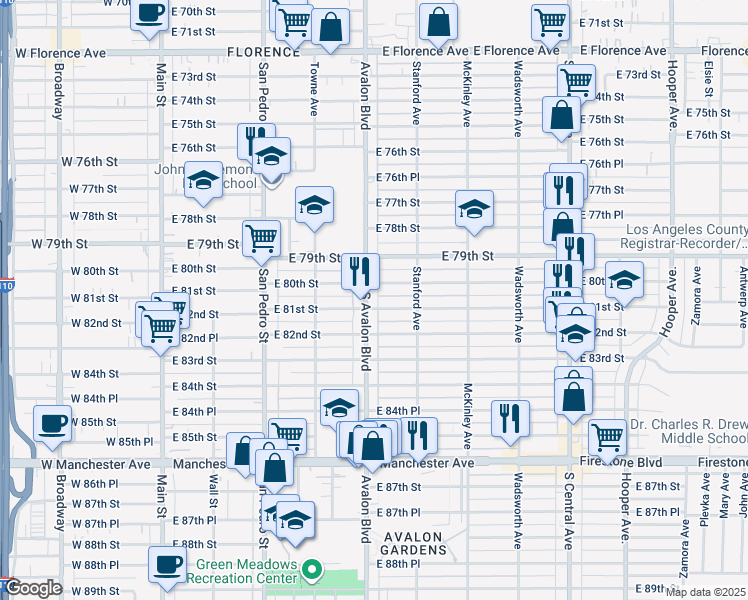 map of restaurants, bars, coffee shops, grocery stores, and more near 612 East 80th Street in Los Angeles