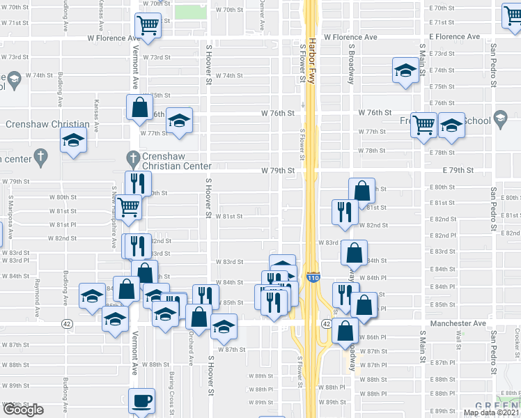 map of restaurants, bars, coffee shops, grocery stores, and more near 539 West 81st Street in Los Angeles