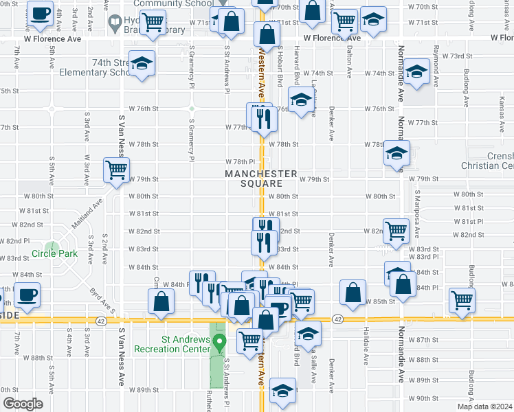 map of restaurants, bars, coffee shops, grocery stores, and more near in Los Angeles