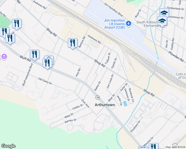 map of restaurants, bars, coffee shops, grocery stores, and more near 1030 Walcott Street in Columbia