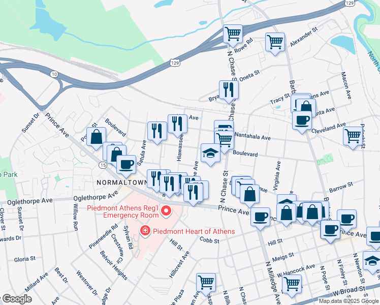map of restaurants, bars, coffee shops, grocery stores, and more near 283 Nacoochee Avenue in Athens