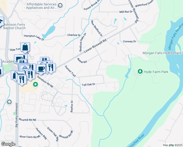 map of restaurants, bars, coffee shops, grocery stores, and more near 5231 Sunset Trail in Marietta