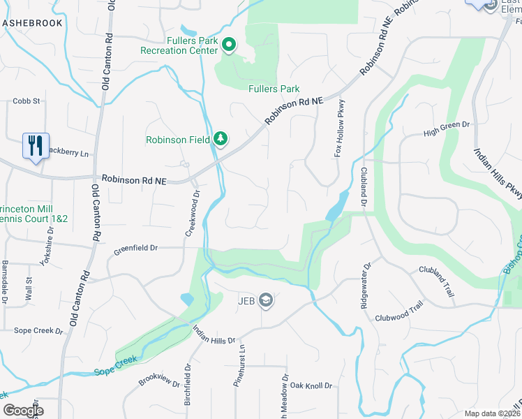 map of restaurants, bars, coffee shops, grocery stores, and more near 3348 Robinson Farms Court Northeast in Marietta
