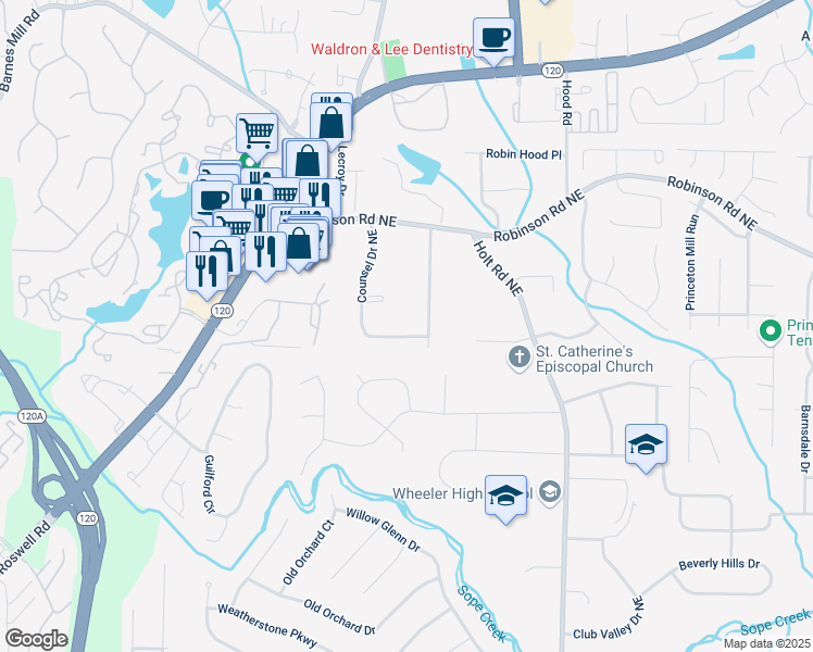 map of restaurants, bars, coffee shops, grocery stores, and more near 636 Counsel Drive Northeast in Marietta