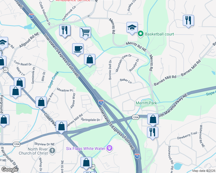 map of restaurants, bars, coffee shops, grocery stores, and more near 610 Bonnie Dell Drive in Marietta