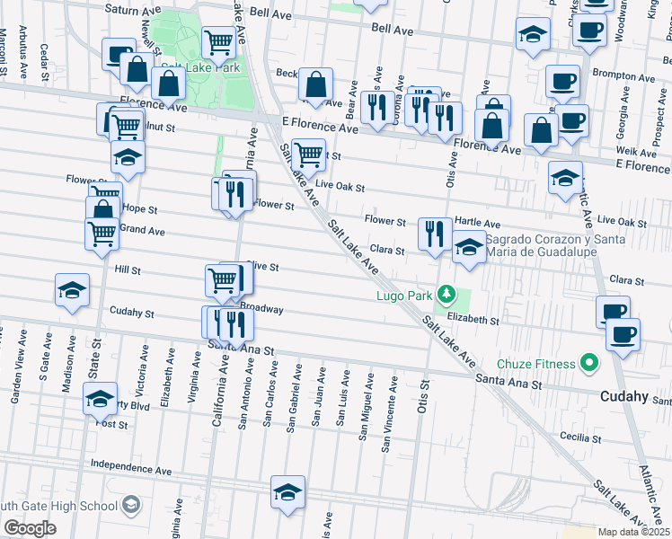 map of restaurants, bars, coffee shops, grocery stores, and more near 3833 Olive Street in Huntington Park