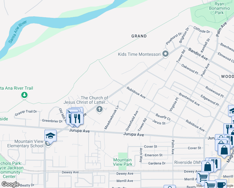 map of restaurants, bars, coffee shops, grocery stores, and more near 5824 Grand Avenue in Riverside