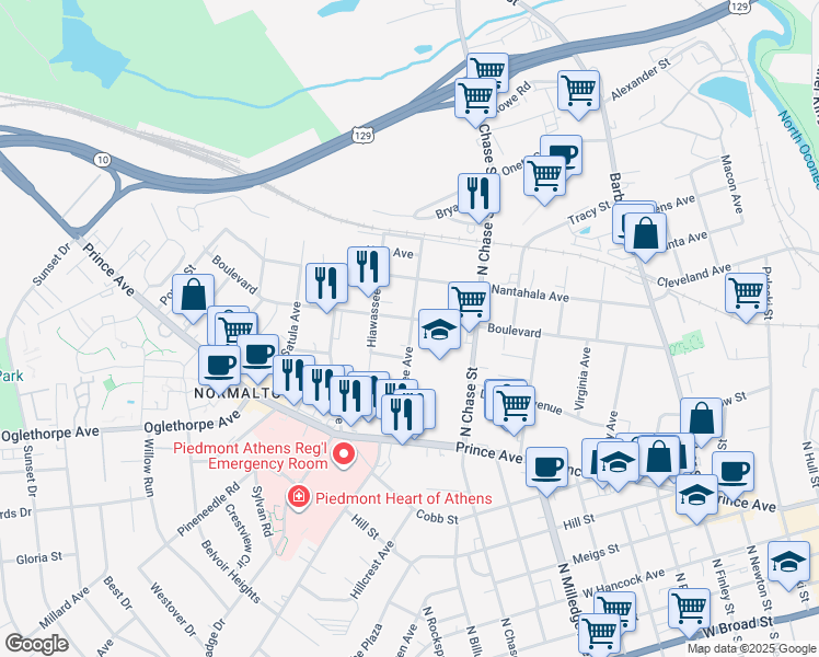 map of restaurants, bars, coffee shops, grocery stores, and more near 283 Nacoochee Avenue in Athens