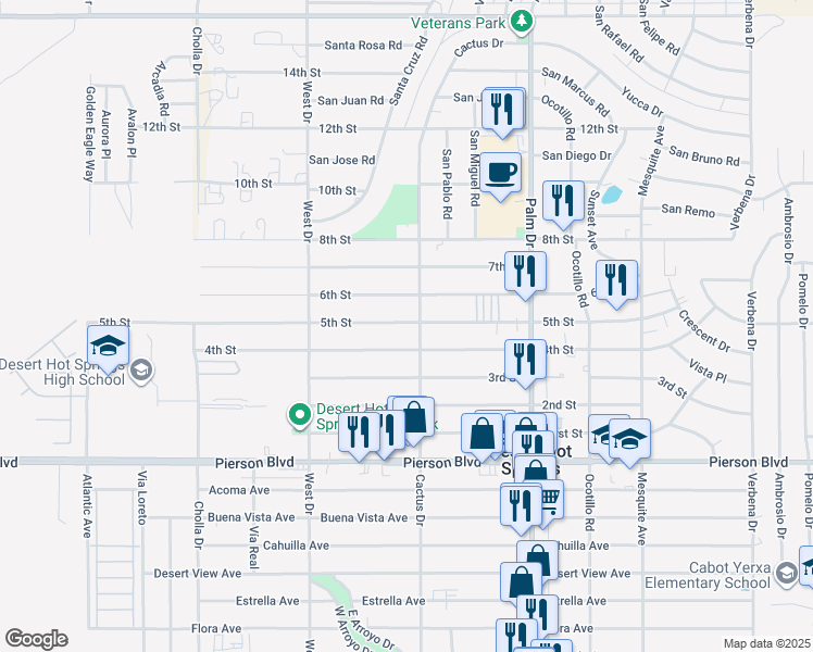map of restaurants, bars, coffee shops, grocery stores, and more near 66215 5th Street in Desert Hot Springs