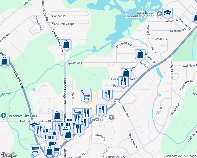 map of restaurants, bars, coffee shops, grocery stores, and more near 306 Hollingsworth Avenue in Rainbow City
