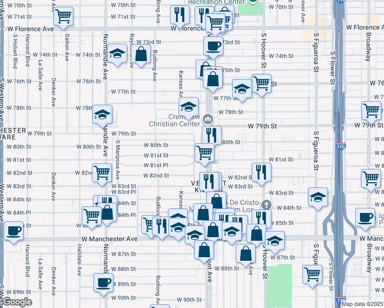 map of restaurants, bars, coffee shops, grocery stores, and more near 8021 South New Hampshire Avenue in Los Angeles