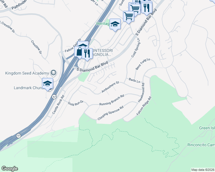 map of restaurants, bars, coffee shops, grocery stores, and more near 21233 Ambushers Street in Diamond Bar