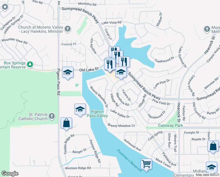 map of restaurants, bars, coffee shops, grocery stores, and more near 10665 Village Road in Moreno Valley