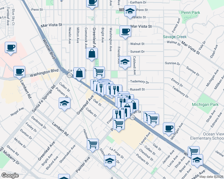 map of restaurants, bars, coffee shops, grocery stores, and more near 8146 Washington Avenue in Whittier