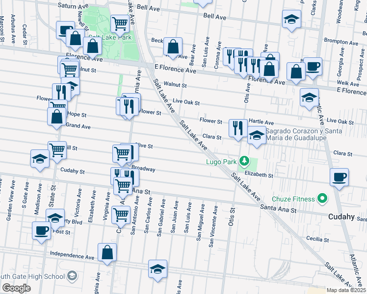 map of restaurants, bars, coffee shops, grocery stores, and more near 3833 Olive Street in Huntington Park