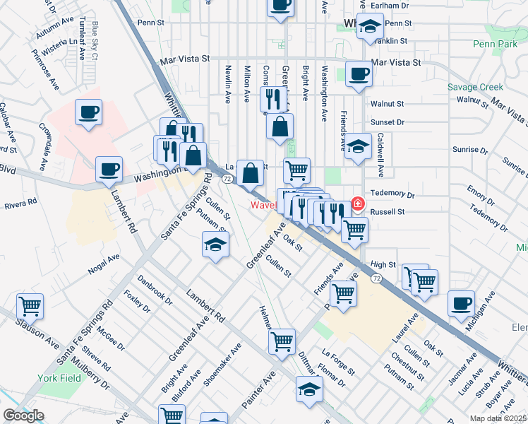 map of restaurants, bars, coffee shops, grocery stores, and more near 8215 Comstock Avenue in Whittier