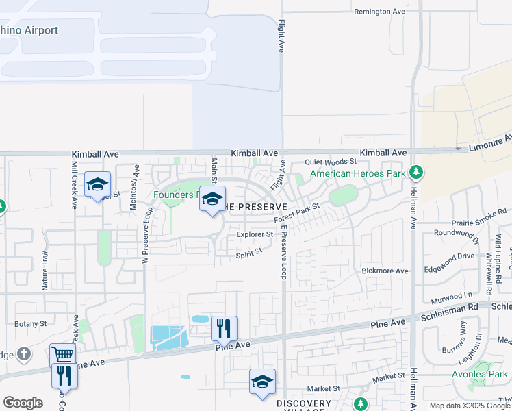 map of restaurants, bars, coffee shops, grocery stores, and more near 8421 Flight Avenue in Chino