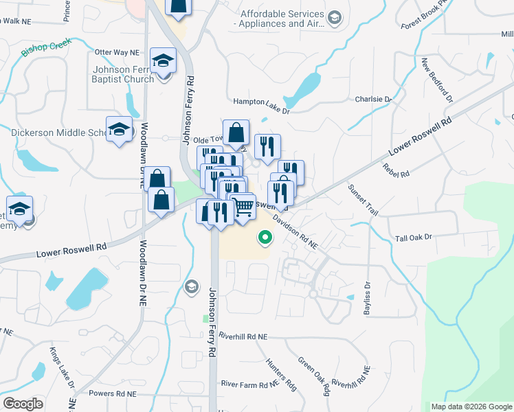 map of restaurants, bars, coffee shops, grocery stores, and more near 4880 Lower Roswell Road in Marietta