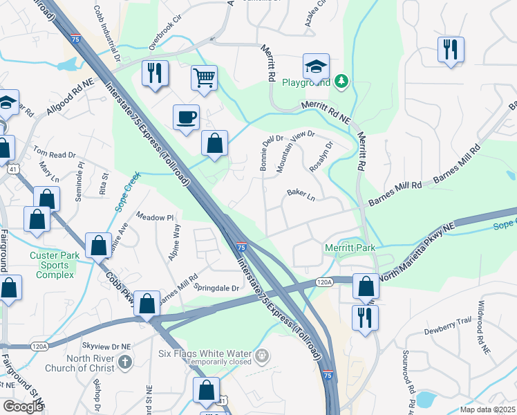 map of restaurants, bars, coffee shops, grocery stores, and more near 610 Bonnie Dell Drive in Marietta
