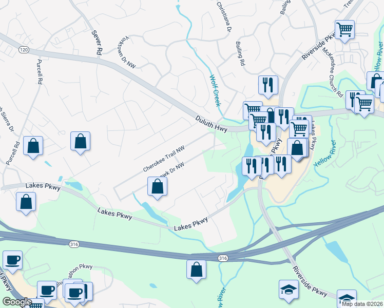 map of restaurants, bars, coffee shops, grocery stores, and more near 1267 Mohawk Drive Northwest in Lawrenceville