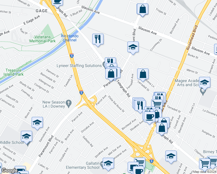 map of restaurants, bars, coffee shops, grocery stores, and more near 8548 Paramount Boulevard in Downey
