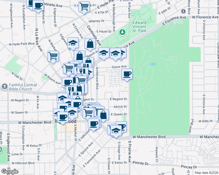 map of restaurants, bars, coffee shops, grocery stores, and more near 587 Daniel Freeman Circle in Inglewood