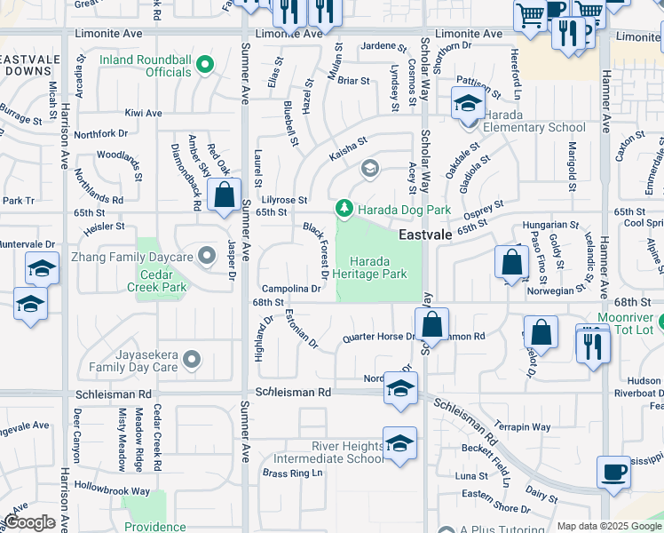 map of restaurants, bars, coffee shops, grocery stores, and more near 6754 Black Forest Drive in Corona