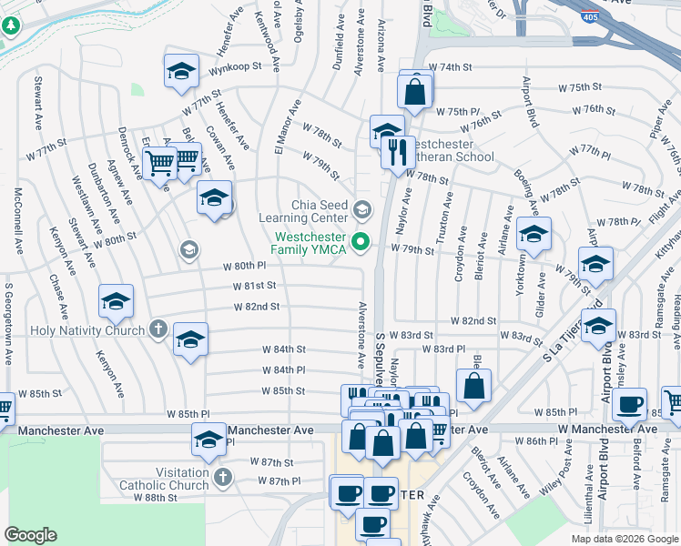 map of restaurants, bars, coffee shops, grocery stores, and more near 6350 West 80th Place in Los Angeles