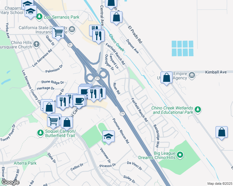 map of restaurants, bars, coffee shops, grocery stores, and more near 15814 Roan Road in Chino Hills