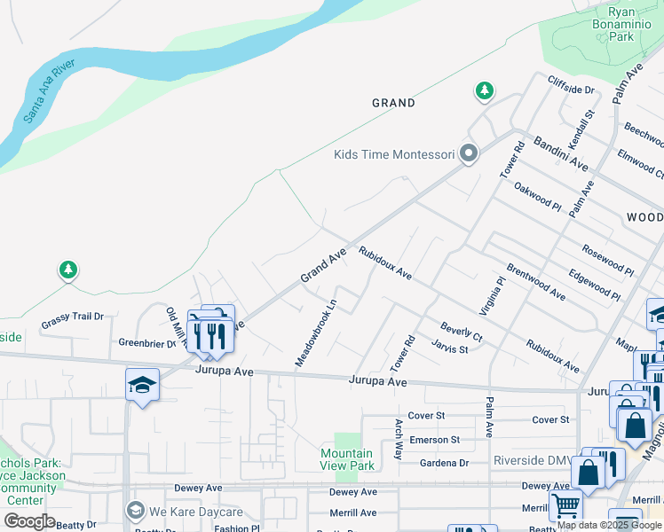 map of restaurants, bars, coffee shops, grocery stores, and more near 5824 Grand Avenue in Riverside