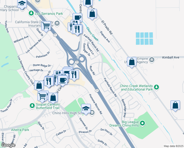 map of restaurants, bars, coffee shops, grocery stores, and more near 15814 Roan Road in Chino Hills