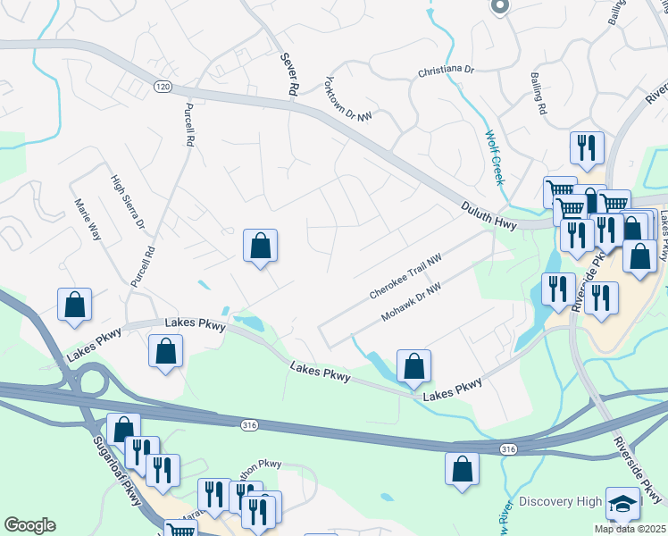 map of restaurants, bars, coffee shops, grocery stores, and more near 1528 Sisters Court in Lawrenceville