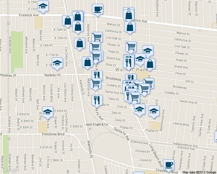 map of restaurants, bars, coffee shops, grocery stores, and more near 2450 Cudahy Street in Huntington Park