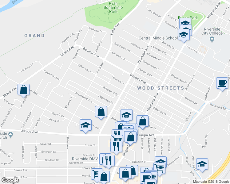 map of restaurants, bars, coffee shops, grocery stores, and more near 4173 Rosewood Place in Riverside