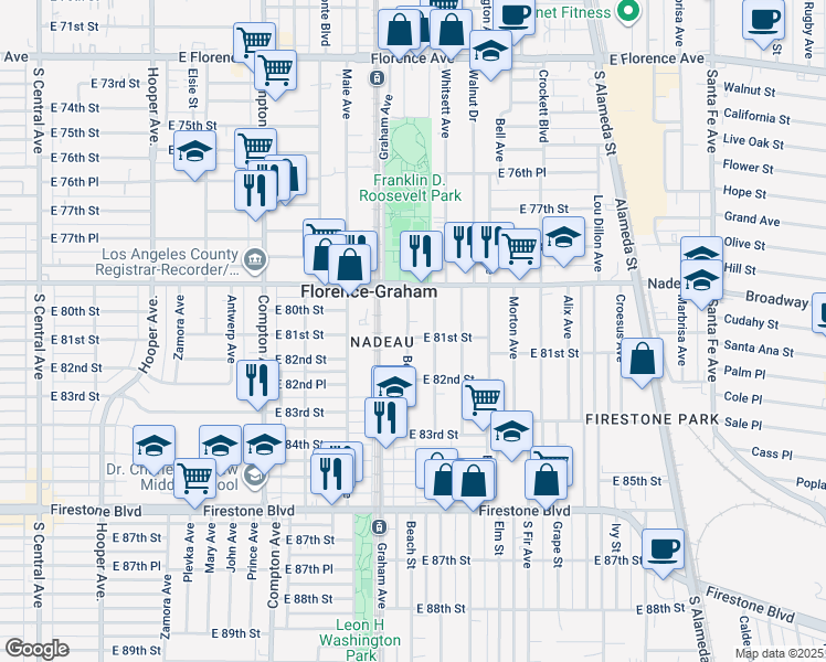 map of restaurants, bars, coffee shops, grocery stores, and more near 8018 Beach Street in Los Angeles