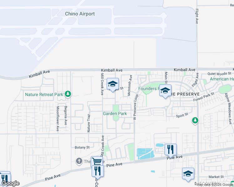 map of restaurants, bars, coffee shops, grocery stores, and more near 15821 Approach Avenue in Chino