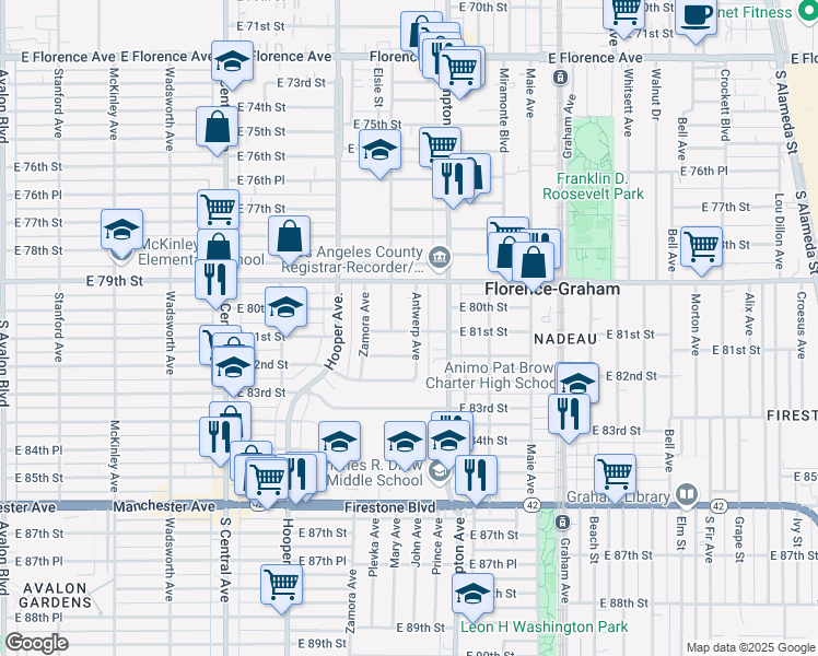 map of restaurants, bars, coffee shops, grocery stores, and more near 1451 East 81st Street in Los Angeles