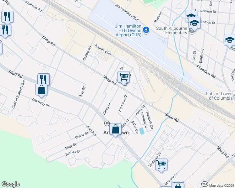 map of restaurants, bars, coffee shops, grocery stores, and more near 1747 Shop Road in Columbia