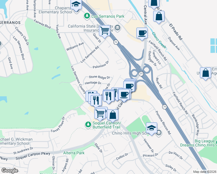 map of restaurants, bars, coffee shops, grocery stores, and more near 15829 Sedona Drive in Chino Hills