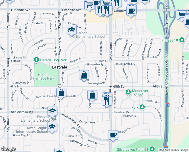 map of restaurants, bars, coffee shops, grocery stores, and more near 6738 Paso Fino Street in Corona