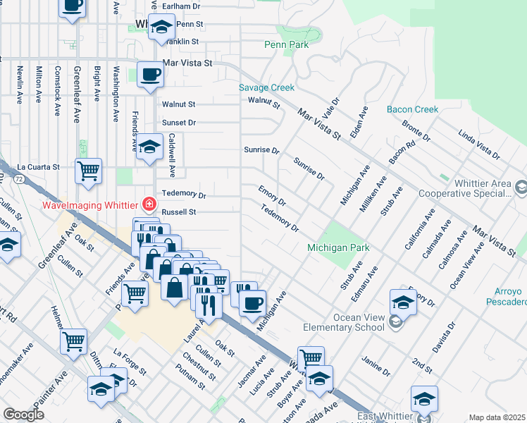 map of restaurants, bars, coffee shops, grocery stores, and more near 13846 Tedemory Drive in Whittier