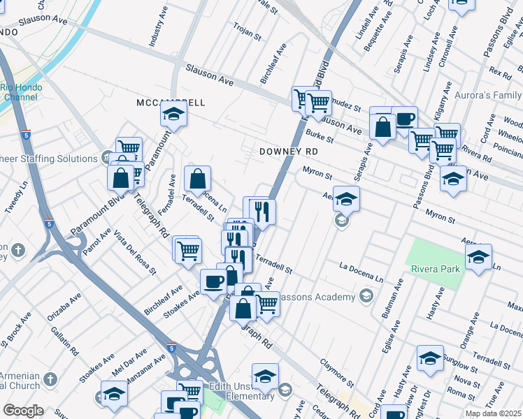 map of restaurants, bars, coffee shops, grocery stores, and more near 8249 Rosemead Boulevard in Pico Rivera