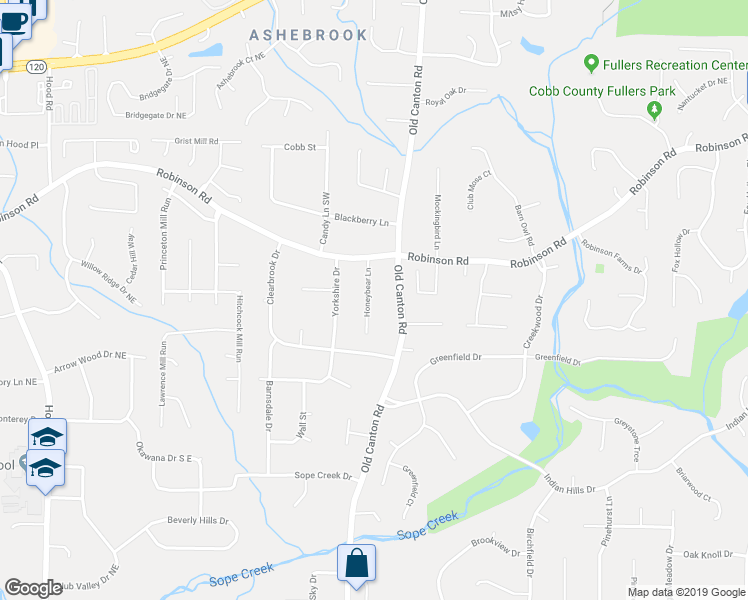 map of restaurants, bars, coffee shops, grocery stores, and more near 656 Honeybear Lane in Marietta