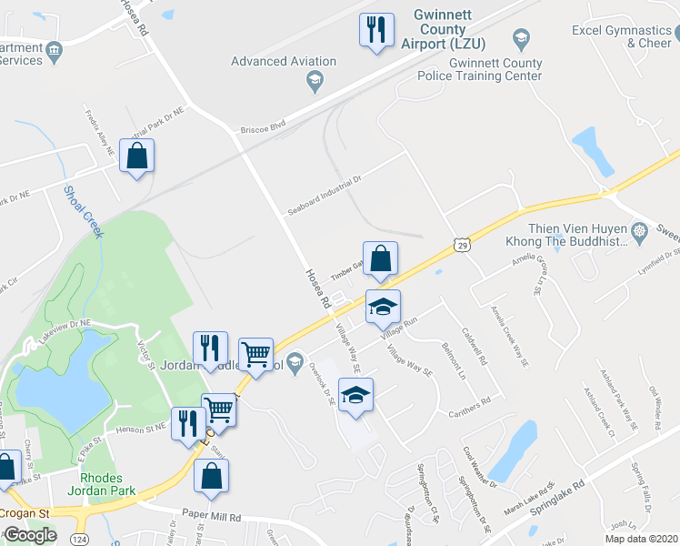 map of restaurants, bars, coffee shops, grocery stores, and more near 98 Timber Gate Drive in Lawrenceville