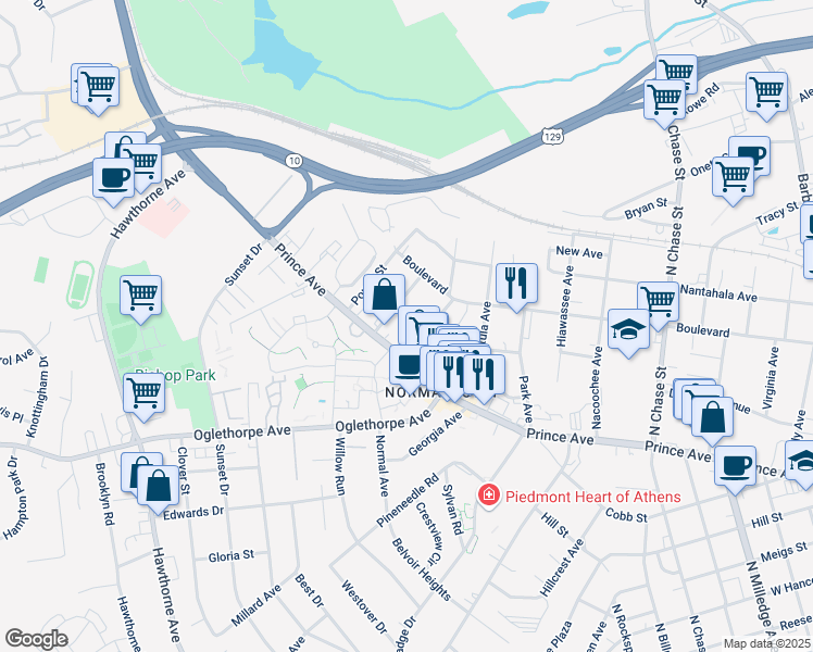map of restaurants, bars, coffee shops, grocery stores, and more near 355 Yonah Avenue in Athens