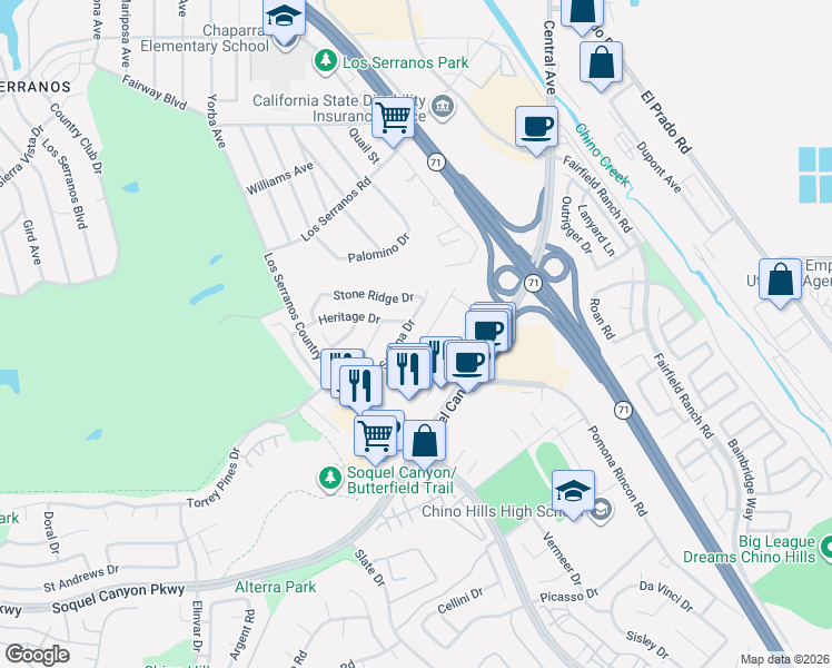 map of restaurants, bars, coffee shops, grocery stores, and more near 15829 Sedona Drive in Chino Hills